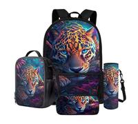 Dngkaoje Ensemble sac à dos d'école 4 en 1 pour enfants avec boîte à déjeuner isotherme, boîte à crayons, porte-bouteille d'eau, cadeau pour adolescents, garçons et filles, Cool Leopard
