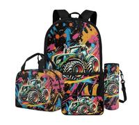 Dngkaoje Ensemble sac à dos d'école 4 en 1 pour enfants avec sac à déjeuner isotherme, trousse à crayons, pochette pour bouteille d'eau, Tracteur Cool