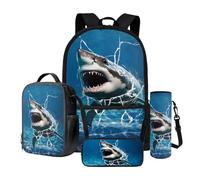 Dngkaoje Ensemble sac à dos d'école 4 en 1 pour garçons et filles avec boîte à déjeuner isotherme, trousse à crayons, pochette pour bouteille d'eau, Ocean Lightning Shark