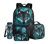 Dngkaoje Ensemble sac à dos d'école 4 pièces pour enfants avec boîte à déjeuner, trousse à crayons, housse pour bouteille d'eau, Attrape-rêves Loup