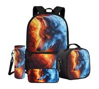 Dngkaoje Ensemble sac à dos d'école 4 pièces pour enfants avec boîte à déjeuner, trousse à crayons, housse pour bouteille d'eau, Flame Wolf, L11.02xW5.12xH17.32 inches, Ensemble cartable