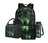 Dngkaoje Sac à dos 4 en 1 pour enfants avec boîte à déjeuner, trousse à crayons, porte-bouteille d'eau, Green Forests Wolf