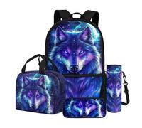 Dngkaoje Sac à dos d'école 4 en 1 pour enfants avec trousse à crayons, boîte à déjeuner, pochette pour bouteille d'eau, Purple Galaxy Wolf