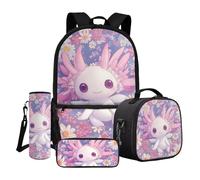 Dngkaoje Sac à dos d'école 4 en 1 pour enfants filles garçons avec sac à déjeuner, trousse à crayons, housse pour bouteille d'eau, Axolotl Fleurs Roses, L11.02xW5.12xH17.32 inches, Ensemble cartable