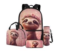 Dngkaoje Sac à dos d'école 4 pièces pour enfants, garçons et filles, sac à livres avec boîte à déjeuner, trousse à crayons, porte-bouteille d'eau, Paresseux timide