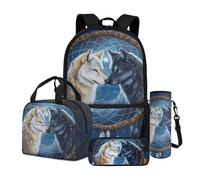 Dngkaoje Sac à dos d'école 4 pièces pour enfants, garçons et filles, sac à livres avec boîte à déjeuner, trousse à crayons, porte-bouteille d'eau, Attrape-rêves loup.