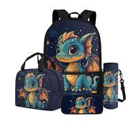 Dngkaoje Sac à dos d'écolier 4 en 1 pour enfants avec sac à déjeuner isotherme, trousse à crayons, pochette pour bouteille d'eau, Dragon de dessin animé