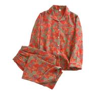 Dninmim Pantalon à manches longues pour femme - Pyjama en crêpe de coton - Motif floral - 2 pièces, 18, M