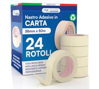 DNK TRADE Ruban de papier - 24 rouleaux de ruban de peintres 38 mm x 50 m - Papier gommé professionnel 38 x 50 recyclable pour masquage peinture et blanchiment