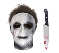 DNQCOS Masque d'Halloween pour adulte - Masque intégral d'Halloween - Masque d'Halloween - Visage d'horreur - Caoutchouc latex avec cheveux - Avec couteau et porte-clés (gris, moyen)