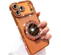 Dnyun Women's Phone Case with Mirror & Stand for iPhone, Magnetic Mirror Stand for iPhone Phone Case, Electroplated Diamond Edged for iPhone 17/17 Pro/17 Promax/17 Air (Orange,17Promax)