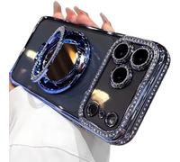 Dnyun Women's Phone Case with Mirror & Stand for iPhone, Magnetic Mirror Stand for iPhone Phone Case, Electroplated Diamond Edged for iPhone 17/17 Pro/17 Promax/17 Air (Blue,17Promax)