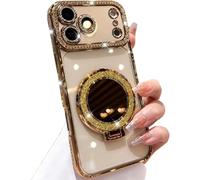 Dnyun Women's Phone Case with Mirror & Stand for iPhone, Magnetic Mirror Stand for iPhone Phone Case, Electroplated Diamond Edged for iPhone 17/17 Pro/17 Promax/17 Air (Gold,17)