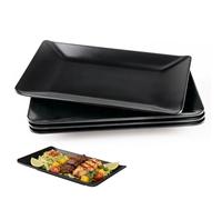Doafoce Lot de 4 Assiette Noir Assiette Rectangulaire en Plastique Mélamine Plateaux de Service pour Dessert Sushis, Gâteaux, Salade, Fruits, Antipasti 25x15,5x2,4cm