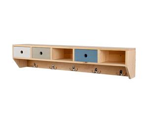 dobar® green label Grand porte-manteau mural en bois avec tiroirs - Porte-manteau avec étagère de rangement - Grande étagère suspendue avec crochets pour le mur - 95 x 18 x 20 cm - Tricolore