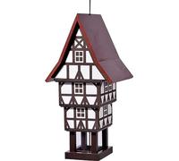 dobar® Mangeoire Design pour Oiseaux, en Forme de Chapeau de Sucre à Suspendre, avec Grand silo, résistant aux intempéries, Style à colombages, 20 x 18 x 41 cm, Blanc/Marron/Rouge