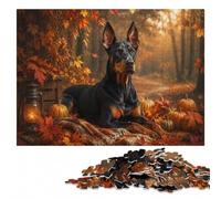 Doberman with Pumpkins in Autumn Setting ｜ Au Puzzle en Bois, 500 pièces | Puzzle pour adultes : cadeau de fin d'année pour fan de puzzle, activité sans écran à la maison.