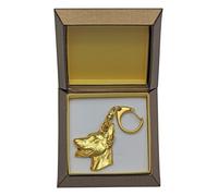 Dobermann, Dobermann Pinscher - Porte-clés doré avec chien dans boîte cadeau, dé