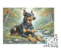 Dobermann Papier Chien Noir et feu près d’Un ruisseau dans la forêt Puzzle Cadeau Secret de Noël Stimulant Mental 38x26cm/1000 pièces