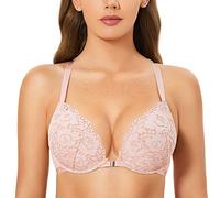 DOBREVA Femme Soutien Gorge Fermeture Devant Push Up Decollete Plongeant avec Armature Dos Nageur Dentelle Rose Nue 95E