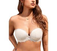 DOBREVA Soutien Gorge sans Bretelles Push up avec Armature Decollete Plongeant Sexy Dentelle de Cils Blanc de Coco 85D