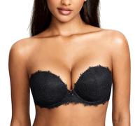 DOBREVA Soutien Gorge sans Bretelles Push up avec Armature Decollete Plongeant Sexy Dentelle de Cils Noir 85C