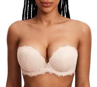 DOBREVA Soutien Gorge sans Bretelles Push up avec Armature Decollete Plongeant Sexy Dentelle de Cils Rose Blanc 95D