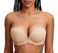 DOBREVA Soutien Gorge sans Bretelles Push up avec Armature Decollete Plongeant Sexy Dentelle de Cils Beige 105A