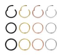 Dochais 12 Pièces Piercing Nez Anneaux 18G, Acier Inoxydable, Daith, Helix pour Femmes Hommes - Silver, Or, Noir, Or Rose (7 mm 8 mm 9 mm)