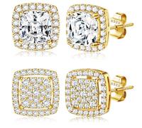 Dochais 2 Paire de Boucles d'Oreilles Unisexes en Argent 925 Plaqué Or 14K, Zircons Cubiques Ronds et Carrés Style Diamant, Iced Out, Hypoallergéniques