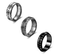 Dochais 3 Pièces Bague Viking Runes, Mythologie Nordique et Celtique en Acier Inoxydable - Style Vintage pour Homme et Femme - Argent Noir Taille 8-13