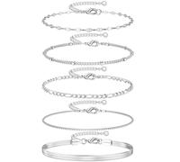 Dochais 5 Pièces Bracelet Femme Argent Lot Bracelet Acier Inoxydable Réglable Bracelets Plaqué Or 14K Ensemble Bracelets Twist Figaro Chaîne Argent pour Femmes Filles Bijoux Cadeaux A