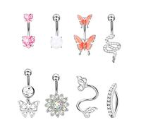 Dochais 8 Pièces Piercing Nombril Anneau Argent, Piercing Nombril Acier Inoxydable Anneau, Piercing Nombril Anneau Cubique Zircone Papillon Cœur pour Femmes Fille Bijoux 14G 10mm