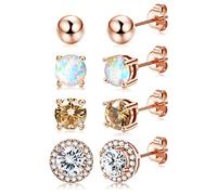 Dochais Lot de 4 paires de boucles d'oreilles en zircone plaqué or 18 carats hypoallergéniques 4 clous CZ pour femmes et filles rondes opales boules de tragus cartilage