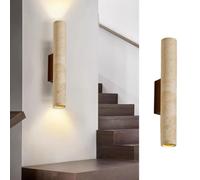 DOCJX Applique Murale En Travertin Jaune Naturel Style Japandi Deux Douilles G9 Éclairage Haut Bas Applique De Chevet Lampe Murale Wabi Sabi Pour Chambre Salon Salle À Manger Couloir Hôtel(60cm)