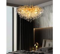 DOCJX Lustre Cristal Moderne Élégant - Suspension Plafond Lumineuse 3 Tons 3000K-6000K pour Salon, Salle À Manger, Chambre - Design Luxe en Cristal & Métal (Couleurs : Bleu/Or)(Gold,60CM)