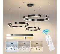 DOCJX Lustre LED Moderne À Anneaux Lumière Suspension Dimmable 3000K-6500K avec Télécommande Lampe Noir en Acier Inoxydable Acrylique pour Cuisine Salon Et Chambre Coucher(Noir,40CM+60CM+80CM)