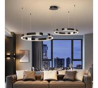 DOCJX Lustre LED Moderne À Anneaux Lumière Suspension Dimmable 3000K-6500K avec Télécommande Lampe Noir en Acier Inoxydable Acrylique pour Cuisine Salon Et Chambre Coucher(Noir,60CM+80CM)