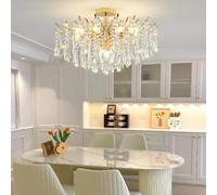 DOCJX Lustre Salon Cristal Moderne Style Français - Pendentif Plafonnier Lumineux E14 (D60/80cm) En Or, Design Élégant Pour Salon/Salle À Manger/Chambre/Bureau, Matériaux Cristal Métal Doré Poli(60CM)