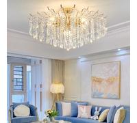 DOCJX Lustre Salon Cristal Moderne Style Français - Pendentif Plafonnier Lumineux E14 (D60/80cm) En Or, Design Élégant Pour Salon/Salle À Manger/Chambre/Bureau, Matériaux Cristal Métal Doré Poli(80CM)