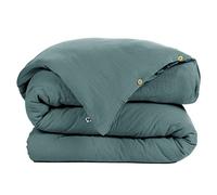 DOCK AVENUE Housse de Couette Gaze de Coton 260 x 240 cm Gaia Coloris Bleu Canard - sans Rabat - Ouverture à boutonnières Boutons Bois - pour lit 2 Personnes