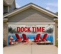 Dock Time Housse de porte de garage rustique, chaises Adirondack rouges rustiques, décoration extérieure, thème du lac d'été, parfaite pour les barbecues et les fêtes, 400 x 180 cm