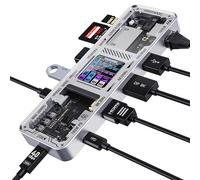 DOCKCASE Hub USB-C 10-en-1 avec Écran Intelligent, Station d’Accueil Double Écran 4K@60Hz, HDMI/DP 8K, PD 100W, Ethernet Gigabit, USB 3.2 10Gbps, UHS-II SD/TF pour MacBook, Steam Deck, Argenté