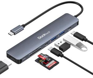 Dockteck Hub USB C 7 en 1 Adaptateur avec HDMI 4K,2 Ports USB 3.0, USB C vers Carte SD/TF, Charge PD, Compatible avec MacBook/Surface Pro/iPad/Steam Deck/Rog Ally/Samsung