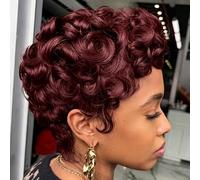 DOcute Perruque coupe Pixie - Rouge bordeaux - Perruque courte bou pour femme noire - Perruque bordeaux avec frange - Perruque noire douce - Perruque courte pour femme (vin rouge vin)