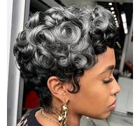 DOcute Perruque courte bou avec frange pour femmes noires avec cheveux gris mélangés