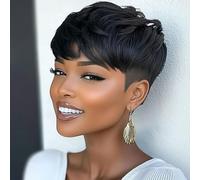 DOcute Perruque courte coupe pixie pour femmes noires, noir naturel, perruques courtes pour femmes noires, perruques droites ondulées, perruques synthétiques noires pour femme (noir)