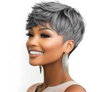 DOcute Perruque courte grise coupe Pixie pour femme noire pour femme noire coupe Pixie coupe courte ondulée ondulée (gris)