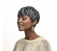 DOcute Perruque courte Pixie noire et grise pour femme noire et grise de 15,2 cm - Cheveux synthétiques courts et raides - Perruques pour femme noire ondulée naturelle - Coupe Pixie - Multicouche