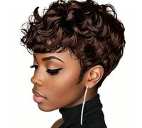DOcute Perruque courte Pixie : perruque synthétique sans colle, bouclée, marron foncé, parfait pour les femmes noires, perruques de cheveux naturels avec bonnet de perruque noir